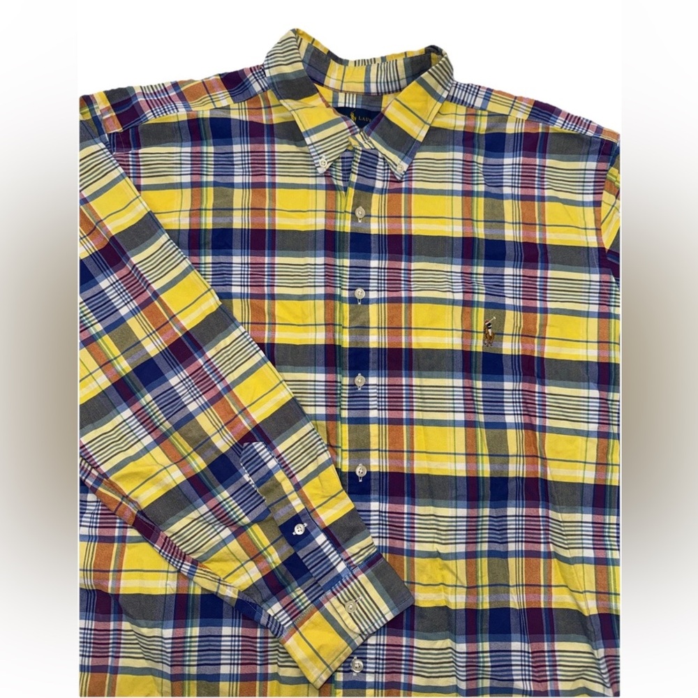 Vintage 90s Men’s Ralph Lauren Plaid Vibrant Yellow Purple Plaid Button Up 2XB